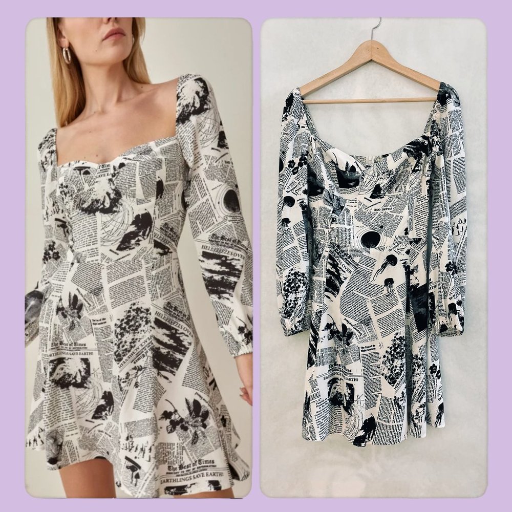Reformation Mochi Dress size 8 in Climate Newsprint (RARE)